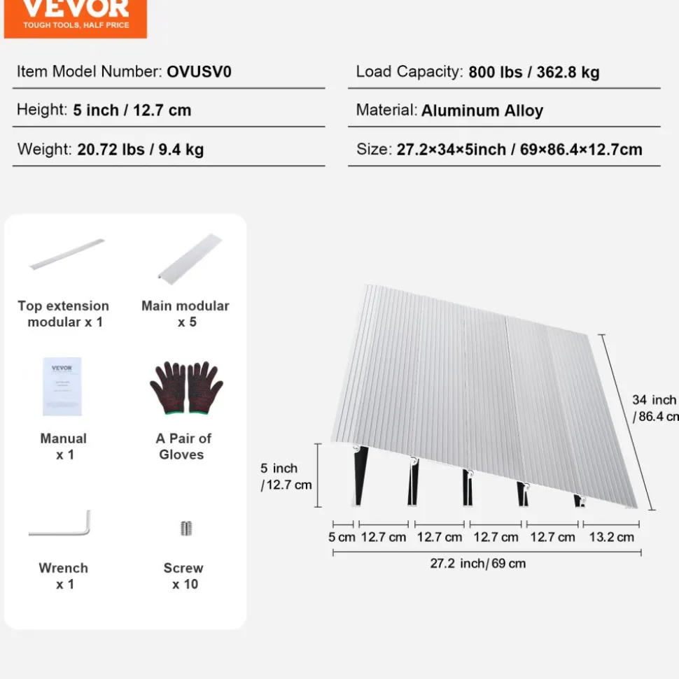 VEVOR Door Threshold Ramp, 5" Rise, 800 lbs Load Capacity, Door Ramp for Wheelchairs, Aluminum Threshold Ramp for Doorways, Adjustable Modular Threshold Ramp for Wheelchairs, Scooters, Power Chairs
