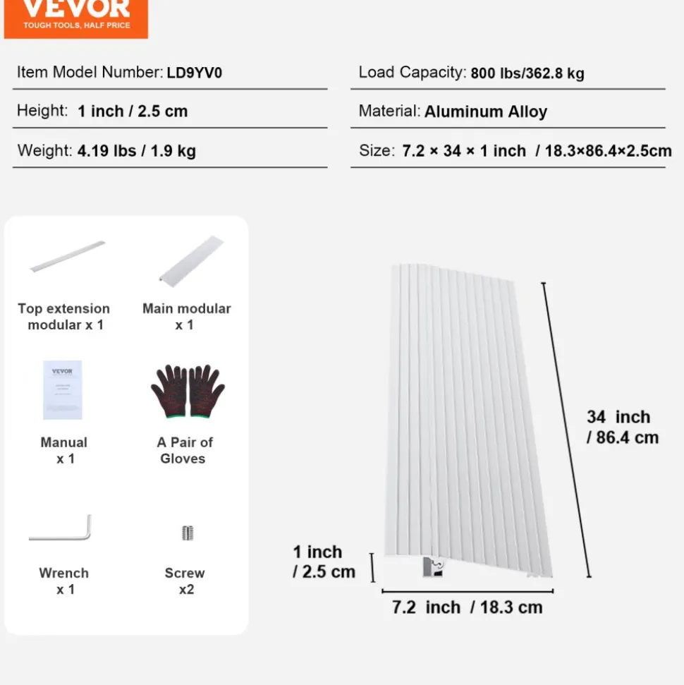 VEVOR Door Threshold Ramp, 1" Rise, 800 lbs Load Capacity, Door Ramp for Wheelchairs, Aluminum Threshold Ramp for Doorways, Adjustable Modular Threshold Ramp for Wheelchairs, Scooters, Power Chairs