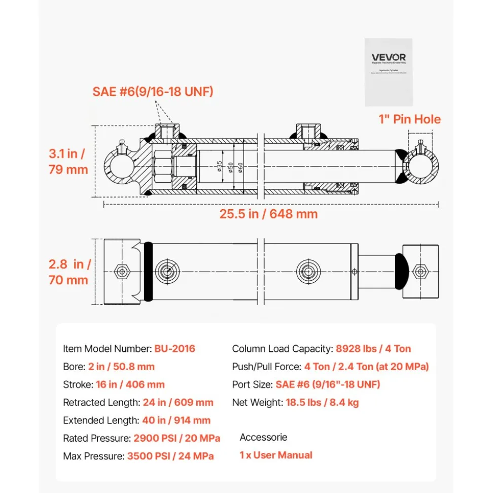 VEVOR Double Acting Hydraulic Cylinder, 2" Bore x 16" Stroke, Max 3500PSI Hydraulic Cylinder, Heavy-Duty Welded Cross Tube Cylinders with 1" Pin Hole & SAE #6 Port for Agricultural Machinery, Tractors