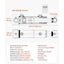 VEVOR Double Acting Hydraulic Cylinder, 2" Bore x 24" Stroke, Max 3500PSI Hydraulic Cylinder, Heavy-Duty Welded Cross Tube Cylinders with 1" Pin Hole & SAE #6 Port for Agricultural Machinery, Tractors