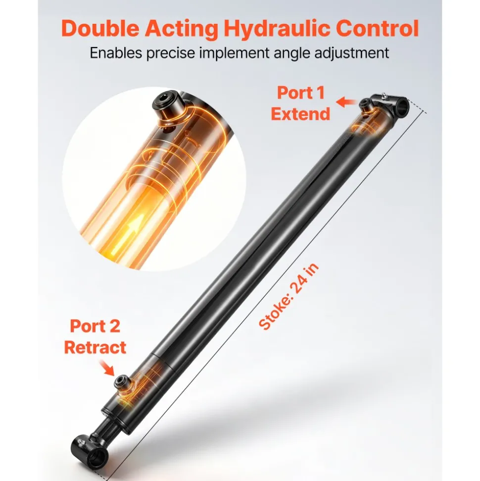 VEVOR Double Acting Hydraulic Cylinder, 2" Bore x 24" Stroke, Max 3500PSI Hydraulic Cylinder, Heavy-Duty Welded Cross Tube Cylinders with 1" Pin Hole & SAE #6 Port for Agricultural Machinery, Tractors