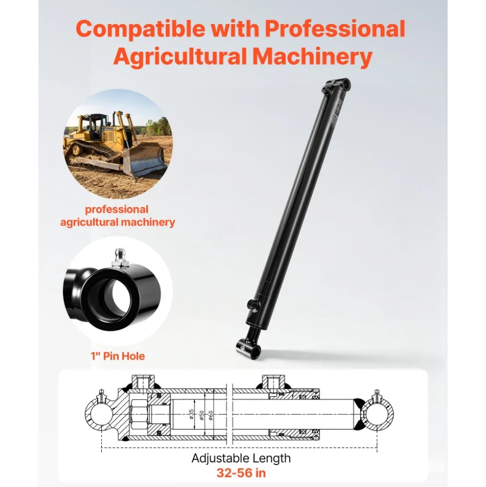 VEVOR Double Acting Hydraulic Cylinder, 2" Bore x 24" Stroke, Max 3500PSI Hydraulic Cylinder, Heavy-Duty Welded Cross Tube Cylinders with 1" Pin Hole & SAE #6 Port for Agricultural Machinery, Tractors