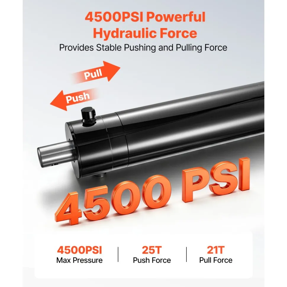 VEVOR Double Acting Hydraulic Cylinder, 5" Bore x 20" Stroke, Max 4500PSI Hydraulic Cylinder, Heavy-Duty Welded Cross Tube Cylinders with 0.63" Pin Hole & SAE #6 Port for Agricultural Machinery