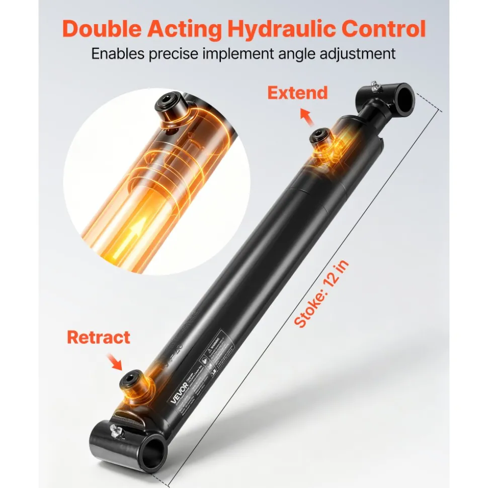 VEVOR Double Acting Hydraulic Cylinder, 2" Bore x 12" Stroke, Max 3500PSI Hydraulic Cylinder, Heavy-Duty Welded Cross Tube Cylinders with 1" Pin Hole & SAE #6 Port for Agricultural Machinery, Tractors