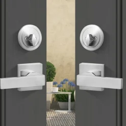 VEVOR Double Door Handle Set, Double Door Lock Set with Reversible Handle Lever, Satin Nickel Square Door Lever, Heavy Duty Double Front Door Handle Set with Dummy, for Front Door or Office Door