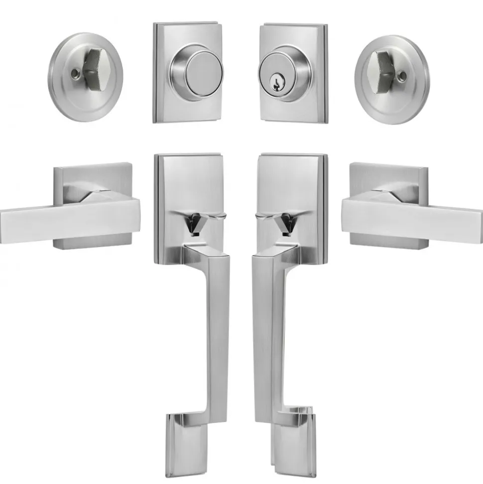 VEVOR Double Door Handle Set, Double Door Lock Set with Reversible Handle Lever, Satin Nickel Square Door Lever, Heavy Duty Double Front Door Handle Set with Dummy, for Front Door or Office Door