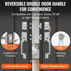 VEVOR Double Door Handle Set, Double Door Lock Set with Reversible Handle Lever, Satin Nickel Square Door Lever, Heavy Duty Double Front Door Handle Set with Dummy, for Front Door or Office Door