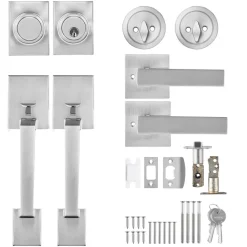 VEVOR Double Door Handle Set, Double Door Lock Set with Reversible Handle Lever, Satin Nickel Square Door Lever, Heavy Duty Double Front Door Handle Set with Dummy, for Front Door or Office Door