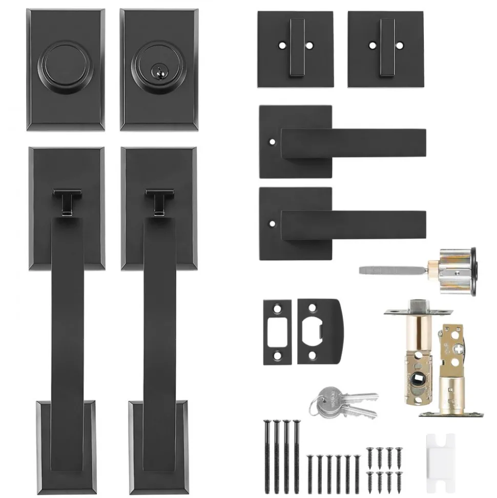 VEVOR Double Door Handle Set, Matte Black Arched Door Lever, Double Front Door Handle Set with Reversible Handle Lever, Heavy Duty Double Door Lock Set with Dummy, for Office Door or Front Door