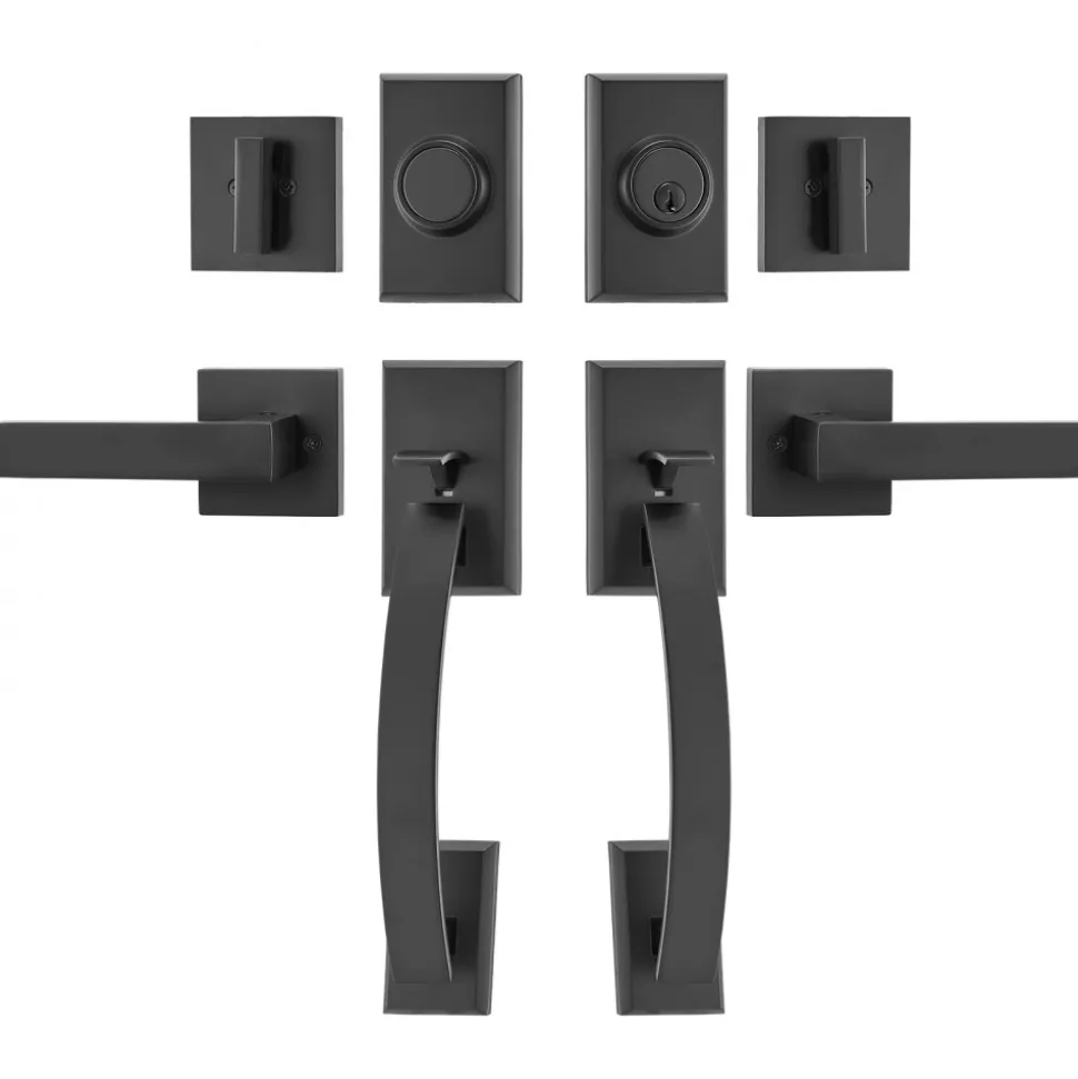 VEVOR Double Door Handle Set, Matte Black Arched Door Lever, Double Front Door Handle Set with Reversible Handle Lever, Heavy Duty Double Door Lock Set with Dummy, for Office Door or Front Door