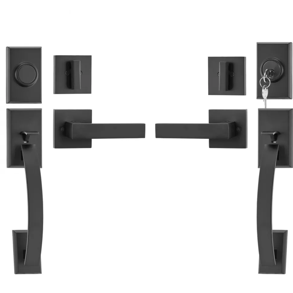 VEVOR Double Door Handle Set, Matte Black Arched Door Lever, Double Front Door Handle Set with Reversible Handle Lever, Heavy Duty Double Door Lock Set with Dummy, for Office Door or Front Door