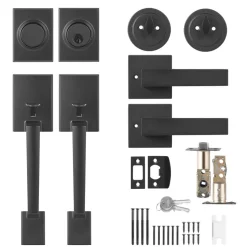 VEVOR Double Door Handle Set, Matte Black Square Door Lever, Double Front Door Handle Set with Reversible Handle Lever, Heavy Duty Double Door Lock Set with Dummy, for Office Door or Front Door