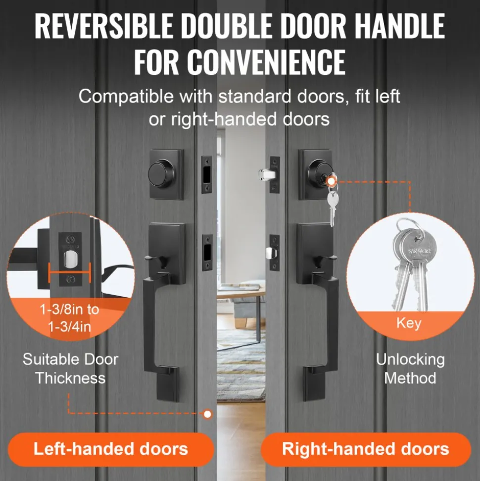 VEVOR Double Door Handle Set, Matte Black Square Door Lever, Double Front Door Handle Set with Reversible Handle Lever, Heavy Duty Double Door Lock Set with Dummy, for Office Door or Front Door