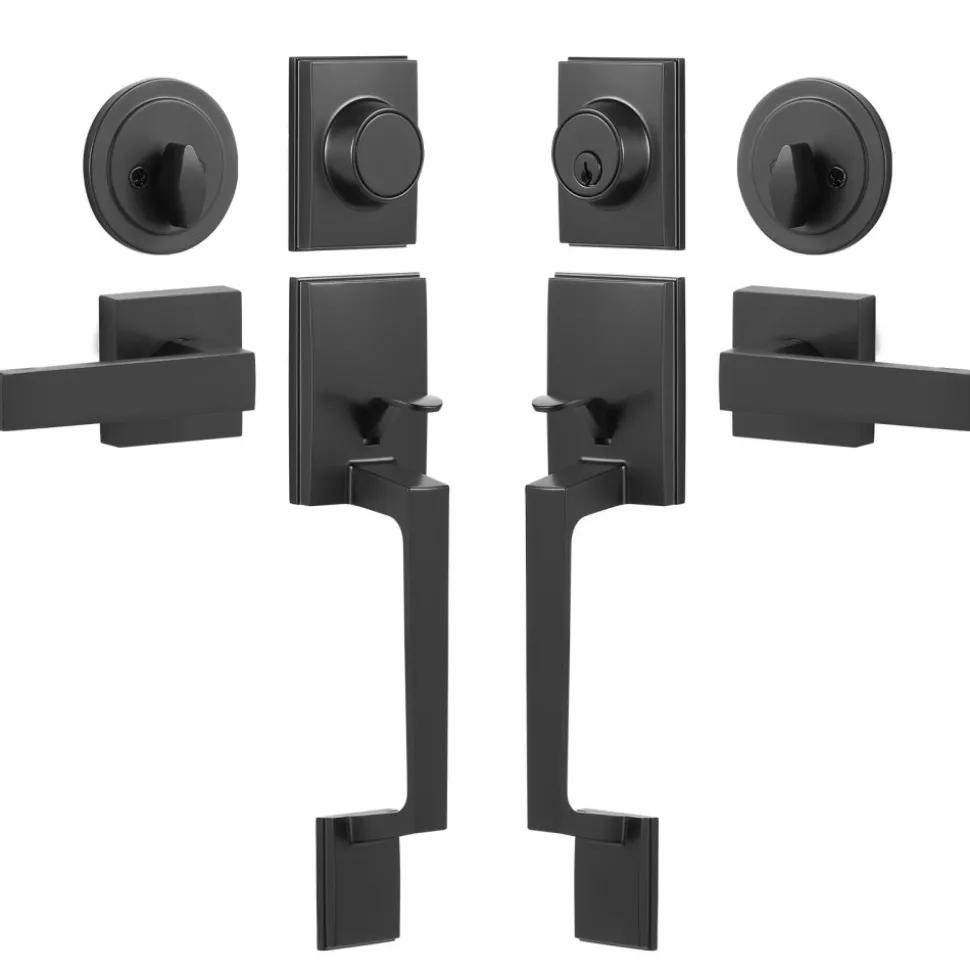 VEVOR Double Door Handle Set, Matte Black Square Door Lever, Double Front Door Handle Set with Reversible Handle Lever, Heavy Duty Double Door Lock Set with Dummy, for Office Door or Front Door