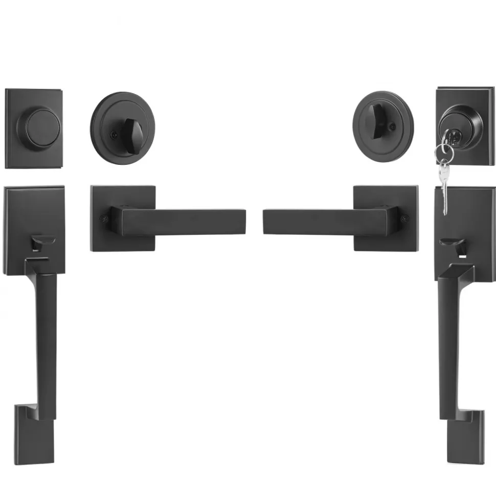 VEVOR Double Door Handle Set, Matte Black Square Door Lever, Double Front Door Handle Set with Reversible Handle Lever, Heavy Duty Double Door Lock Set with Dummy, for Office Door or Front Door