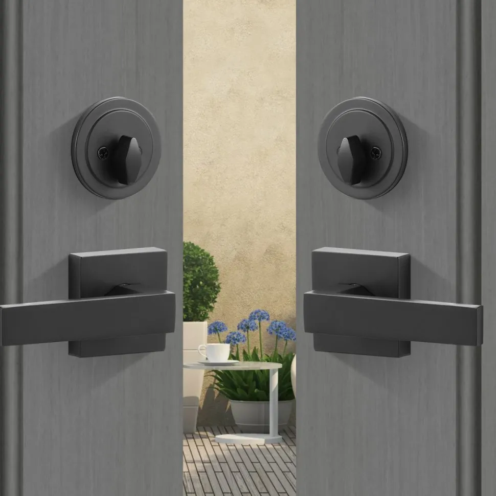 VEVOR Double Door Handle Set, Matte Black Square Door Lever, Double Front Door Handle Set with Reversible Handle Lever, Heavy Duty Double Door Lock Set with Dummy, for Office Door or Front Door