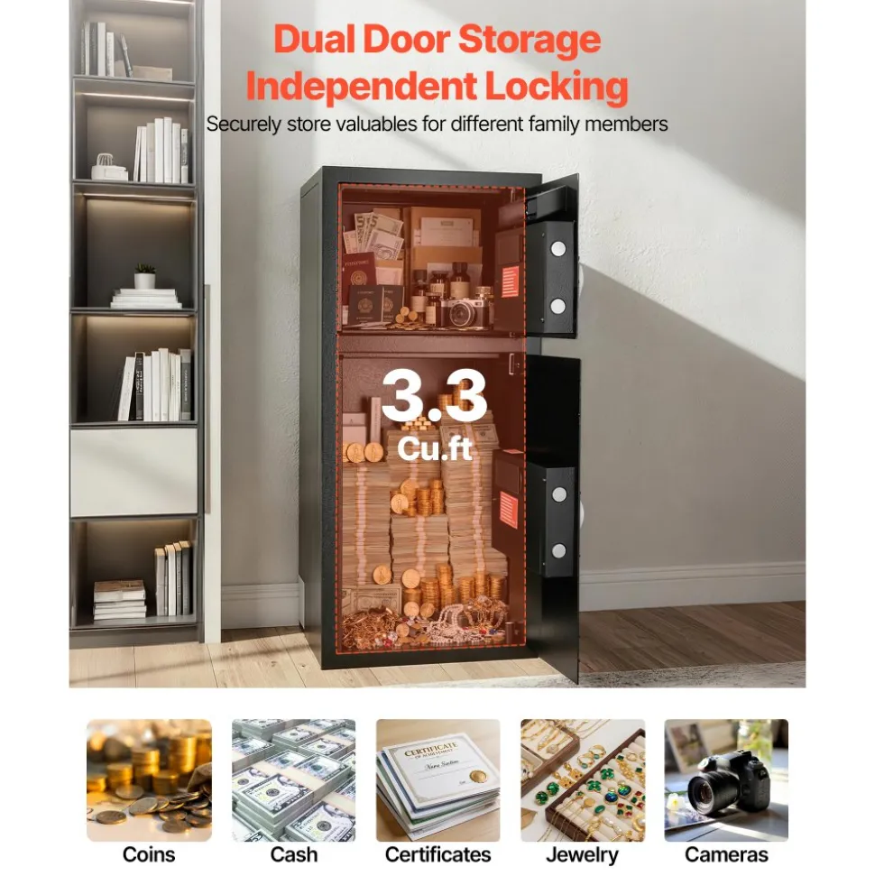 VEVOR Double Door Safe Box, 3.3 Cu. Ft, Heavy Duty Home Safe with Electronic Keypad, Anti-Theft, Digital Safety Lock Box with Key, Drop Slot, for Money, Firearm, Jewelry, Document, Valuables, Black