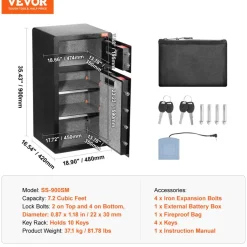 VEVOR Double Doors 7.2 cu.ft Safe Box with Key Lock & Password, Safe Lock Box with Fireproof Bag, Key Rack, LED Light and 2 Height Adjustable and Removable Divider for Money, Documents, Jewelry and Valuables, Black