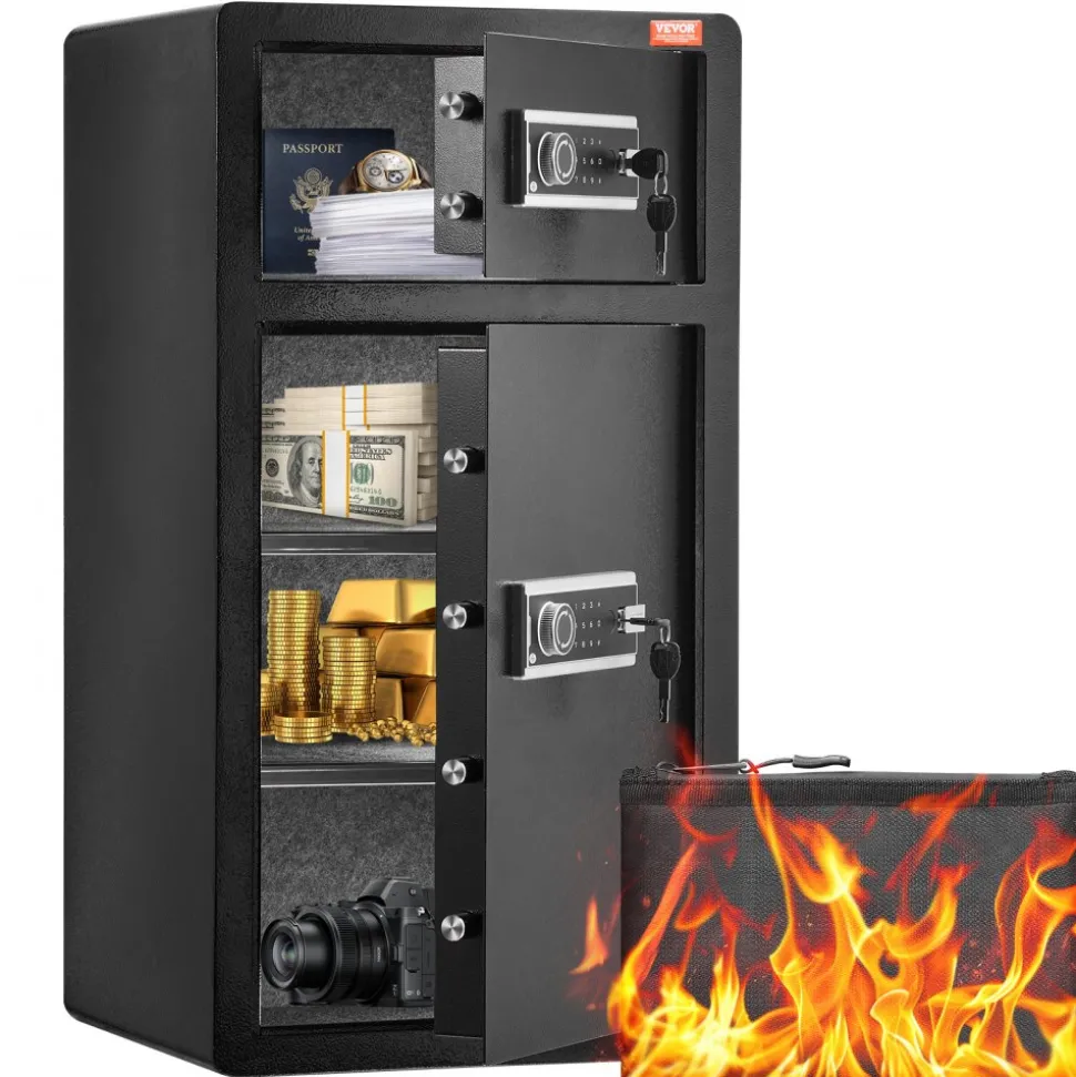 VEVOR Double Doors 7.2 cu.ft Safe Box with Key Lock & Password, Safe Lock Box with Fireproof Bag, Key Rack, LED Light and 2 Height Adjustable and Removable Divider for Money, Documents, Jewelry and Valuables, Black