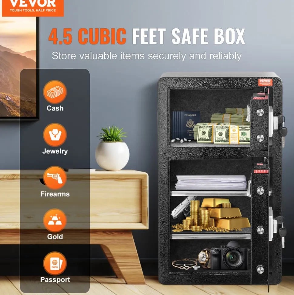 VEVOR Double Doors 4.5 cu.ft Safe Box with Key Lock & Password, Safe Lock Box with Fireproof Bag, Key Rack, LED Light and 2 Height Adjustable and Removable Divider for Money, Documents, Jewelry and Valuables, Black