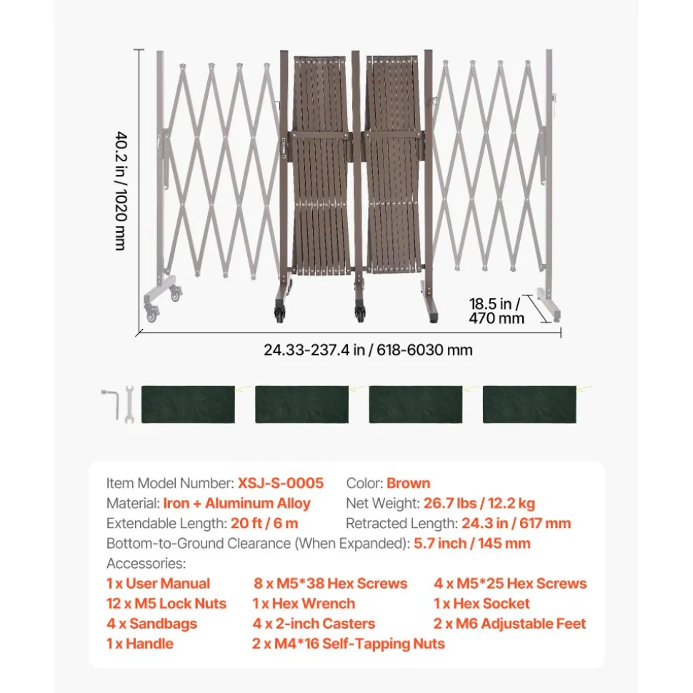 VEVOR Double Expandable Barricades, 20FT Expandable Safety Barrier, Flexible Mobile Barricade with Locking Casters, Portable Folding Security Gate Metal Traffic Fence for Patio Garden Stairway