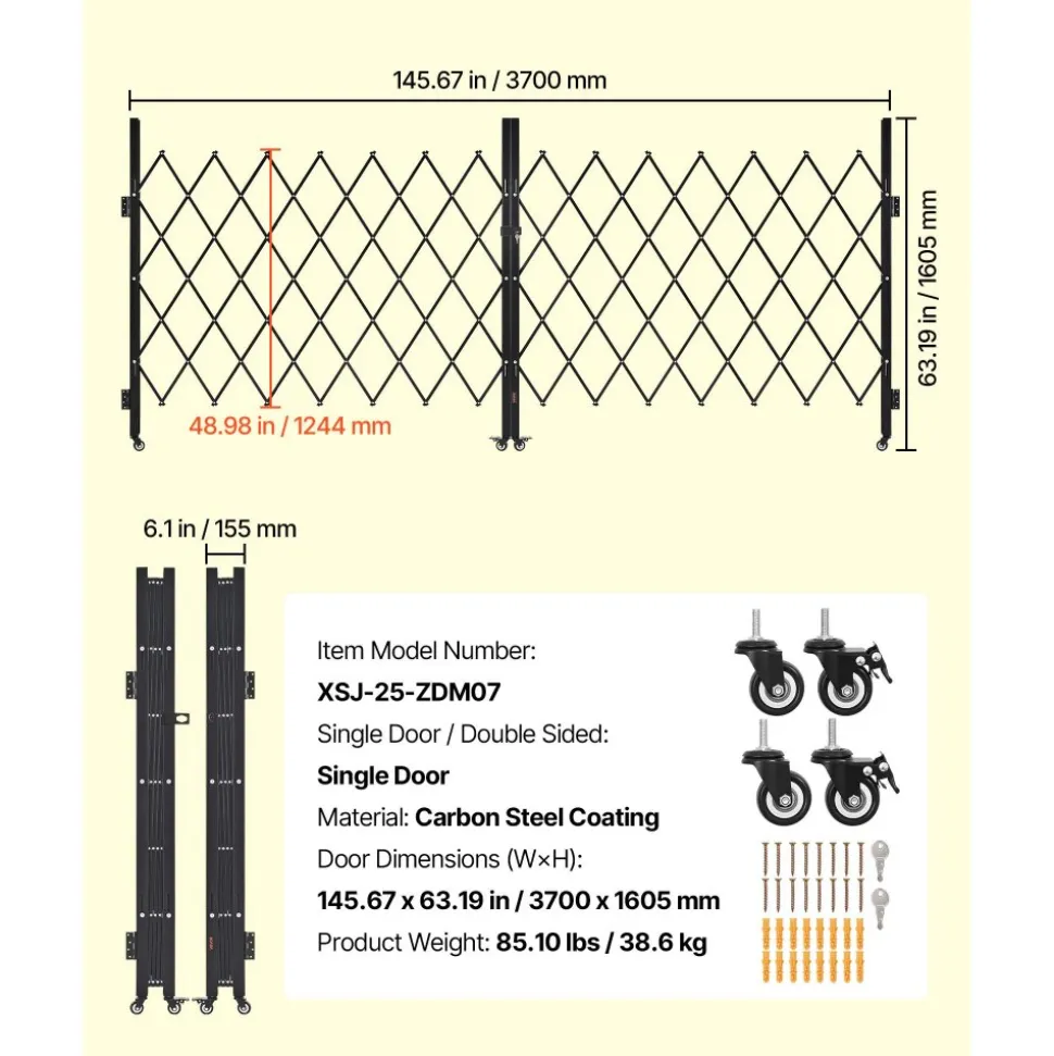 VEVOR Double Folding Security Gate, Lockable Scissor Gate with 360° Swivel Casters, Outdoor Barricade Steel Retractable Gates, for Entry Security, Garage, Warehouse & Pool, 145.67 x 63.19 in (W x H)