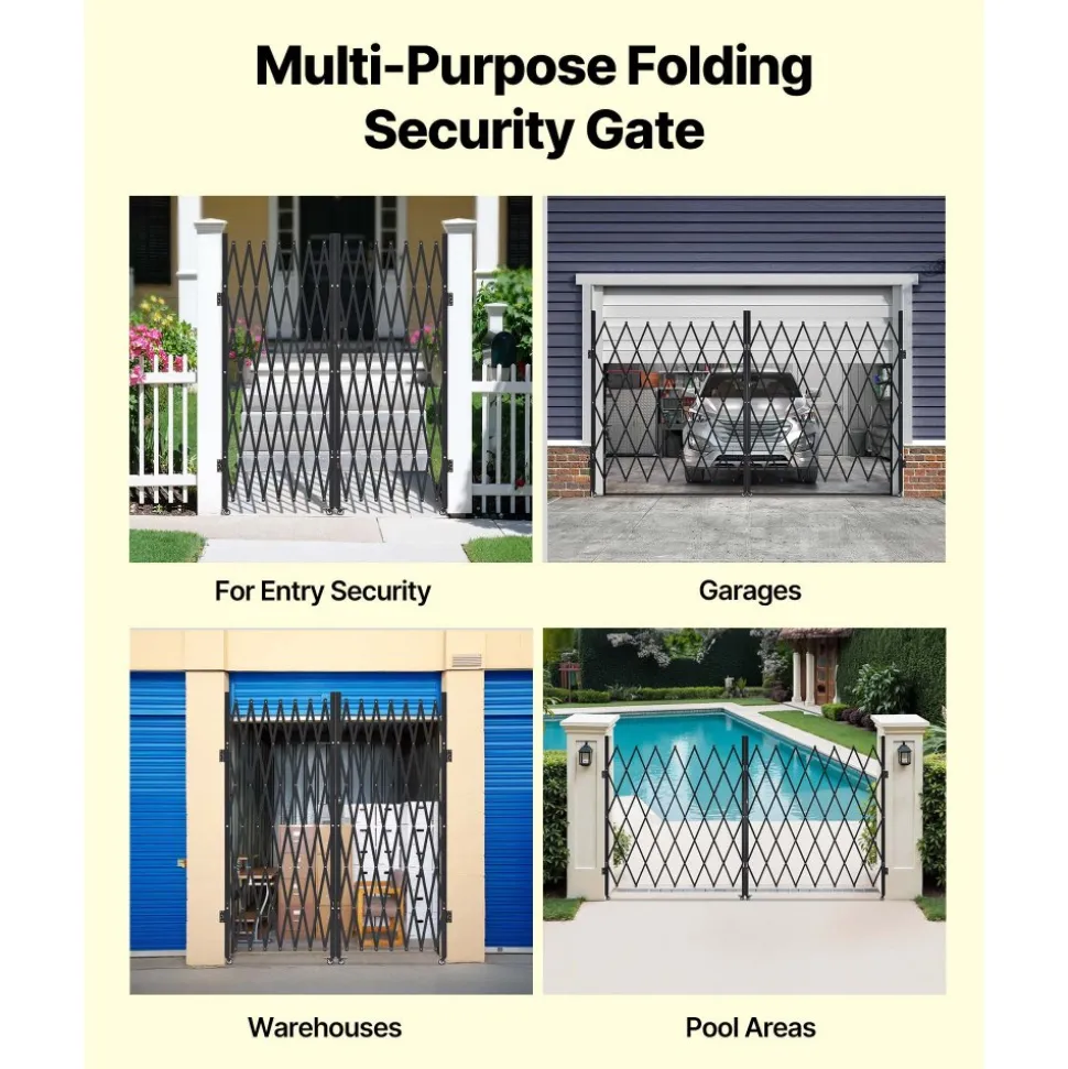 VEVOR Double Folding Security Gate, Lockable Scissor Gate with 360° Swivel Casters, Outdoor Barricade Steel Retractable Gates, for Entry Security, Garage, Warehouse & Pool, 155.12 x 86.81 in (W x H)