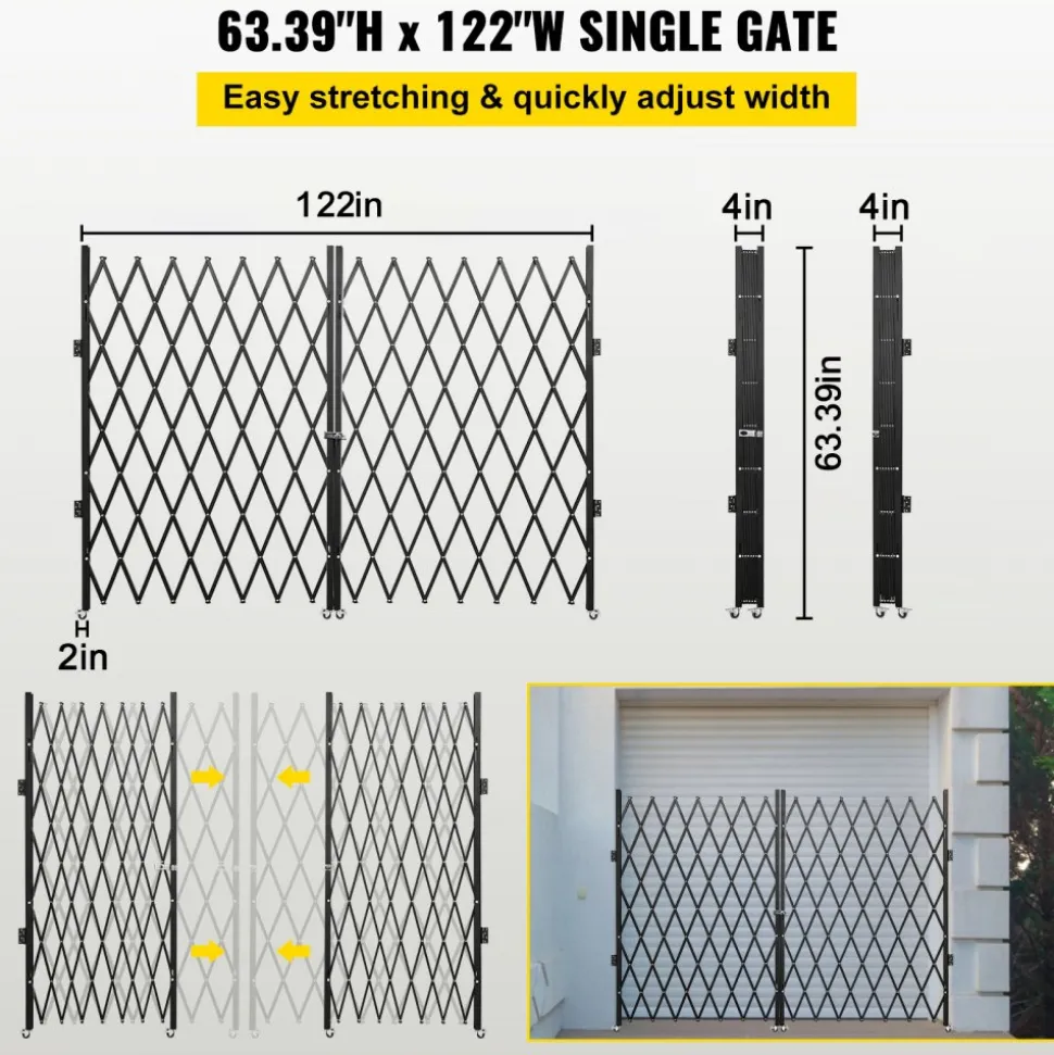 VEVOR Double Folding Security Gate, 5' H x 10' W Folding Door Gate, Steel Accordion Security Gate, Flexible Expanding Security Gate, 360° Rolling Barricade Gate, Scissor Gate or Door with Keys