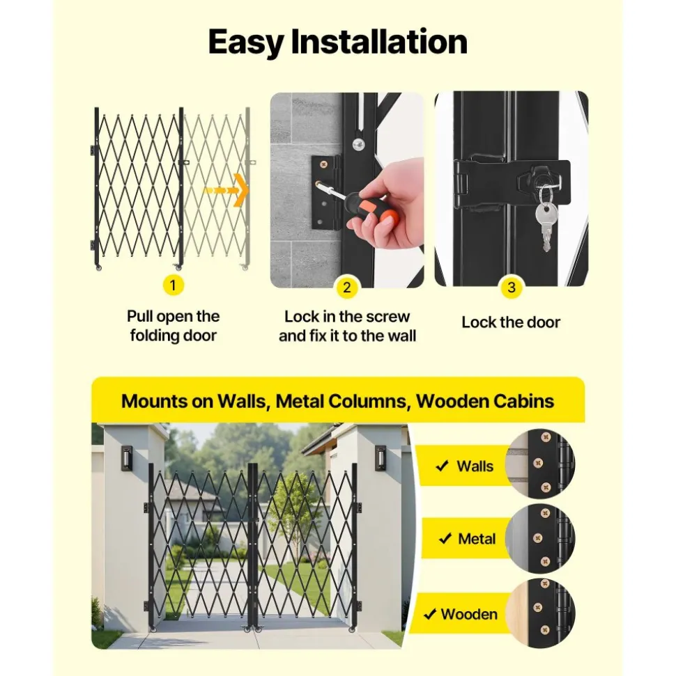 VEVOR Double Folding Security Gate, Lockable Scissor Gate with 360° Swivel Casters, Outdoor Barricade Steel Retractable Gates, for Entry Security, Garage, Warehouse & Pool, 125.98 x 63.19 in (W x H)