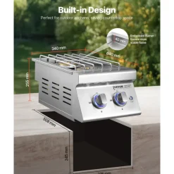 VEVOR Double Grilling Side Burners, 2 x 17,000BTU Liquid Propane Side Burner for Outdoor Kitchen, Convertible to Natural Gas, 304 Stainless Steel Built-in Double Burners with LED for BBQ Grill Island