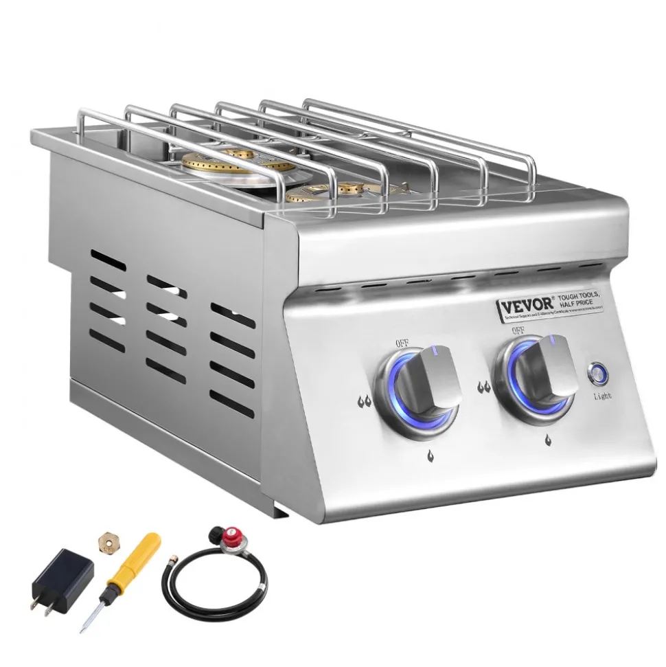 VEVOR Double Grilling Side Burners, 2 x 17,000BTU Liquid Propane Side Burner for Outdoor Kitchen, Convertible to Natural Gas, 304 Stainless Steel Built-in Double Burners with LED for BBQ Grill Island