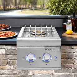 VEVOR Double Grilling Side Burners, 2 x 17,000BTU Liquid Propane Side Burner for Outdoor Kitchen, Convertible to Natural Gas, 304 Stainless Steel Built-in Double Burners with LED for BBQ Grill Island