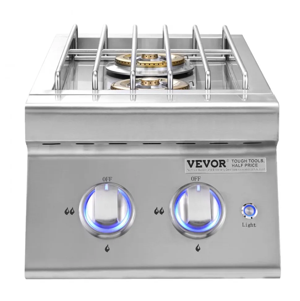 VEVOR Double Grilling Side Burners, 2 x 17,000BTU Liquid Propane Side Burner for Outdoor Kitchen, Convertible to Natural Gas, 304 Stainless Steel Built-in Double Burners with LED for BBQ Grill Island