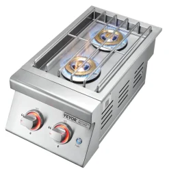 VEVOR Double Grilling Side Burners, 2 x 17,000BTU Liquid Propane Side Burner for Outdoor Kitchen, Convertible to Natural Gas, 304 Stainless Steel Built-in Double Burners with LED for BBQ Grill Island