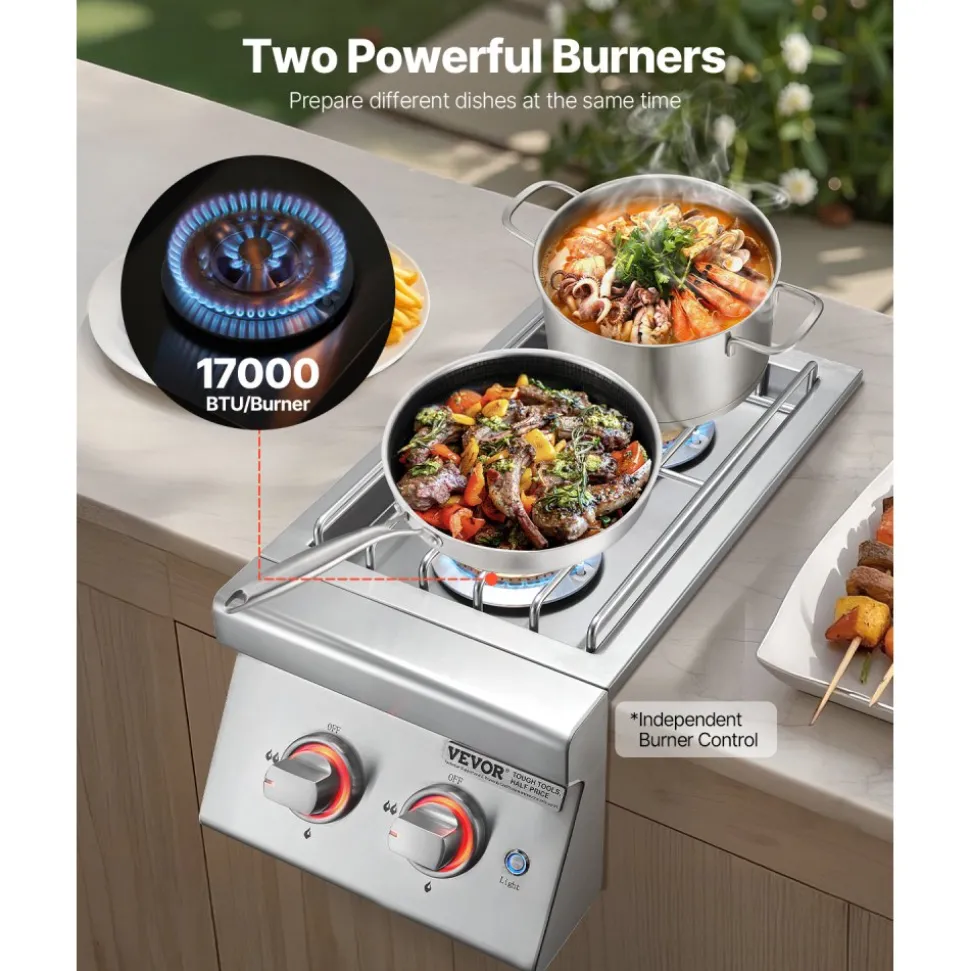 VEVOR Double Grilling Side Burners, 2 x 17,000BTU Liquid Propane Side Burner for Outdoor Kitchen, Convertible to Natural Gas, 304 Stainless Steel Built-in Double Burners with LED for BBQ Grill Island