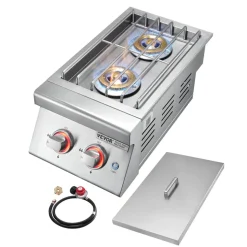 VEVOR Double Grilling Side Burners, 2 x 17,000BTU Liquid Propane Side Burner for Outdoor Kitchen, Convertible to Natural Gas, 304 Stainless Steel Built-in Double Burners with LED for BBQ Grill Island