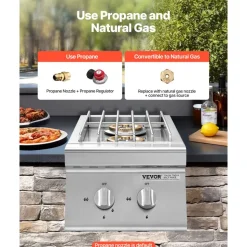 VEVOR Double Grilling Side Burners, 2 x 15,000BTU Liquid Propane Side Burner for Outdoor Kitchen, Convertible to Natural Gas, 304 Stainless Steel Built-in Double Grill Burners for BBQ Grill Island