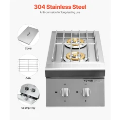 VEVOR Double Grilling Side Burners, 2 x 15,000BTU Liquid Propane Side Burner for Outdoor Kitchen, Convertible to Natural Gas, 304 Stainless Steel Built-in Double Grill Burners for BBQ Grill Island