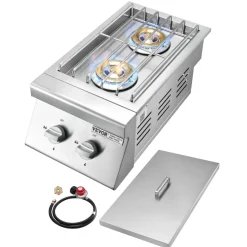 VEVOR Double Grilling Side Burners, 2 x 15,000BTU Liquid Propane Side Burner for Outdoor Kitchen, Convertible to Natural Gas, 304 Stainless Steel Built-in Double Grill Burners for BBQ Grill Island
