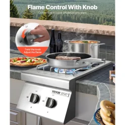 VEVOR Double Grilling Side Burners, 2 x 15,000BTU Liquid Propane Side Burner for Outdoor Kitchen, Convertible to Natural Gas, 304 Stainless Steel Built-in Double Grill Burners for BBQ Grill Island