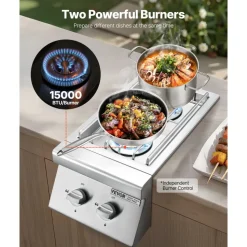 VEVOR Double Grilling Side Burners, 2 x 15,000BTU Liquid Propane Side Burner for Outdoor Kitchen, Convertible to Natural Gas, 304 Stainless Steel Built-in Double Grill Burners for BBQ Grill Island