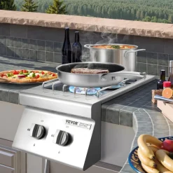 VEVOR Double Grilling Side Burners, 2 x 15,000BTU Liquid Propane Side Burner for Outdoor Kitchen, Convertible to Natural Gas, 304 Stainless Steel Built-in Double Grill Burners for BBQ Grill Island