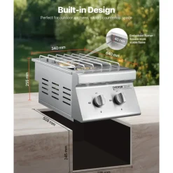 VEVOR Double Grilling Side Burners, 2 x 15,000BTU Liquid Propane Side Burner for Outdoor Kitchen, Convertible to Natural Gas, 304 Stainless Steel Built-in Double Grill Burners for BBQ Grill Island