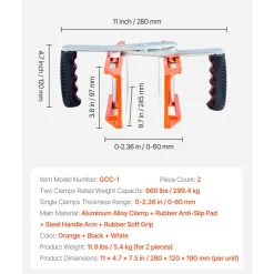 VEVOR Double Handed Stone Carrying Clamps, 660 lbs Load Capacity, 2 Pack Granite Panel Carriers Lifting Tools with Rubber-lined (0-2.36 Inches), Heavy Duty lifting Clamps for Plywood, Glass, Granite