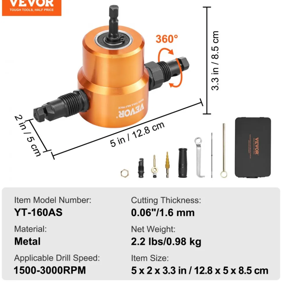 VEVOR Double Head Sheet Metal Nibbler Cutter, 360 Degree Metal Nibbler Drill Attachment with Extra Punch and Die, Cutting Hole Accessory and Step Drill Bit, for Straight Curve and Circle Cutting