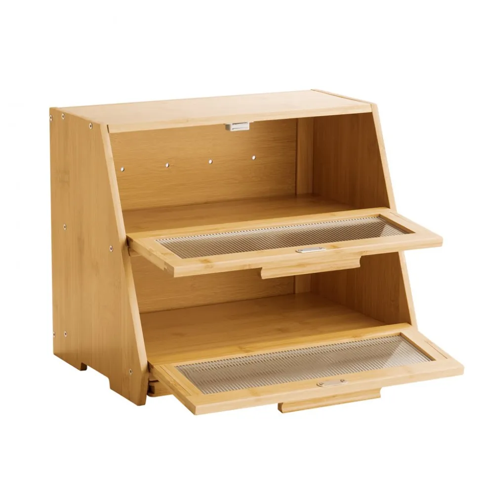 VEVOR Double Layer Bread Box for Kitchen Counter, Large Capacity Bamboo Bread Storage Container, Farmhouse Wooden Breadbox for Homemade Bread, Storage Holder Bin with Acrylic Wavy Door Panel, Natural