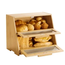 VEVOR Double Layer Bread Box for Kitchen Counter, Large Capacity Bamboo Bread Storage Container, Farmhouse Wooden Breadbox for Homemade Bread, Storage Holder Bin with Acrylic Wavy Door Panel, Natural