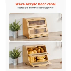 VEVOR Double Layer Bread Box for Kitchen Counter, Large Capacity Bamboo Bread Storage Container, Farmhouse Wooden Breadbox for Homemade Bread, Storage Holder Bin with Acrylic Wavy Door Panel, Natural
