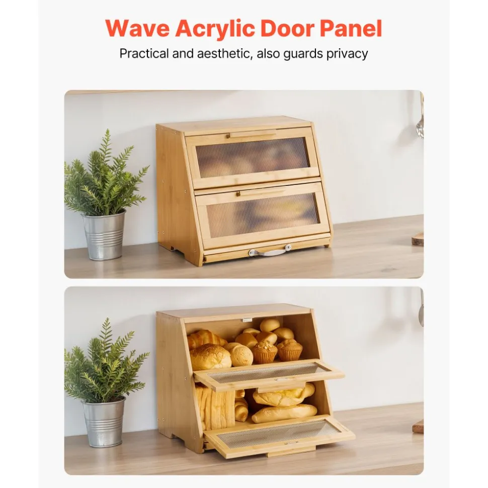 VEVOR Double Layer Bread Box for Kitchen Counter, Large Capacity Bamboo Bread Storage Container, Farmhouse Wooden Breadbox for Homemade Bread, Storage Holder Bin with Acrylic Wavy Door Panel, Natural