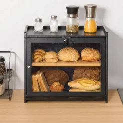 VEVOR Double Layer Bread Box for Kitchen Counter, Large Capacity Bamboo Bread Storage Container, Farmhouse Wooden Breadbox for Homemade Bread, Storage Holder Bin with Acrylic Wavy Door Panel, Black
